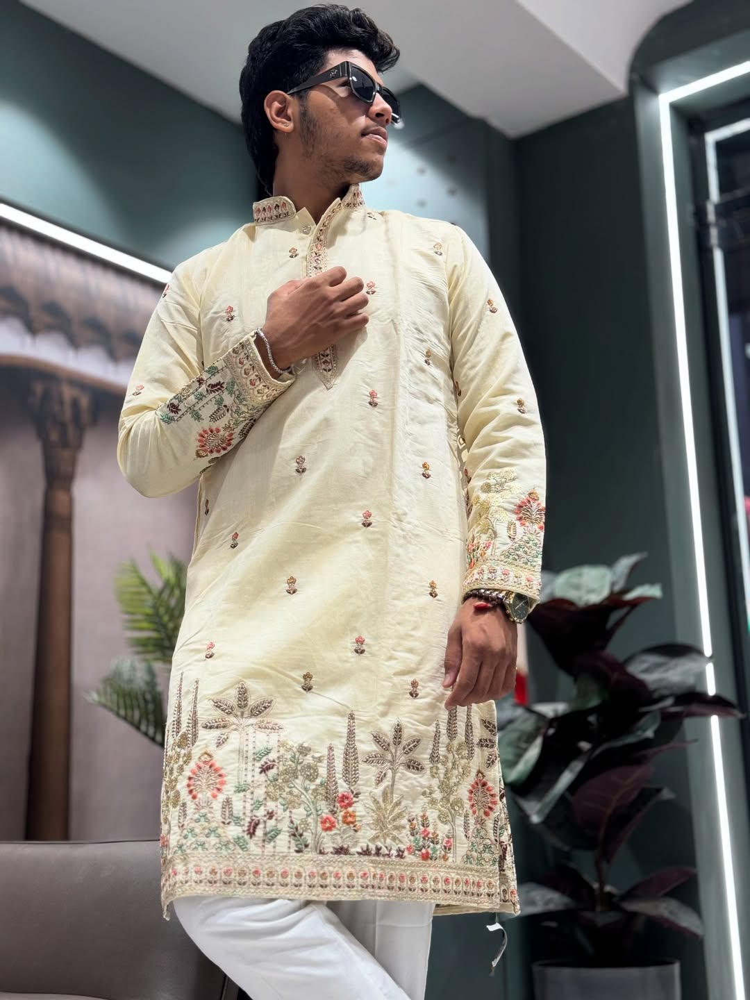SHAGUN FASHION Men’s Embroidered Silk Blend Kurta with Churidar Set – Festive & Ethnic Wear