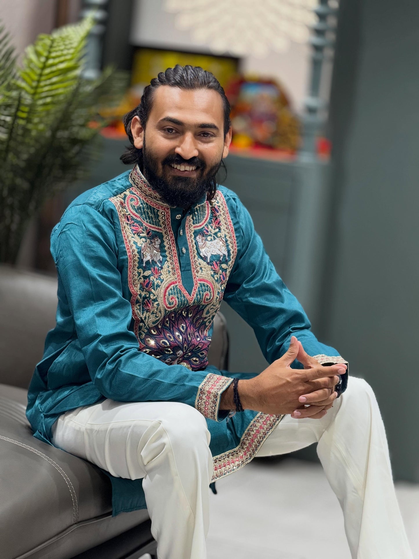 SHAGUN FASHION Men’s Designer Peacock & Cow Embroidery Short Kurta Set