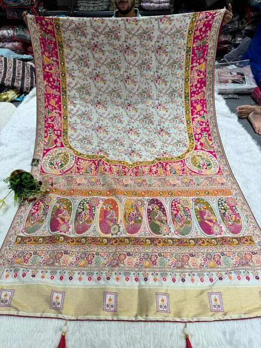 👑 Royal Pashmina Saree with King-Queen Pallu & Lagdi Patto | Vadivela & Floral Work | Just ₹1850! 🌸✨