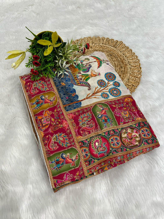 🌸 Royal Pashmina Saree with Jardoshi & Mirror Work ✨ | Elephant 🐘 & Floral Motifs | Heavy Pallu & Boat Border 🚤 | Festive & Function Ready 💃