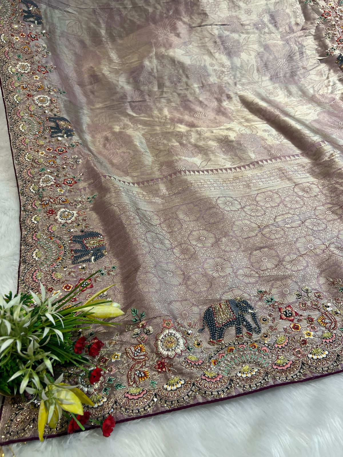 π Fancy Organza Saree with Elephant π & Floral Border πΈ | Designer Full Work Blouse π | Partywear Ethnic Elegance πβ¨