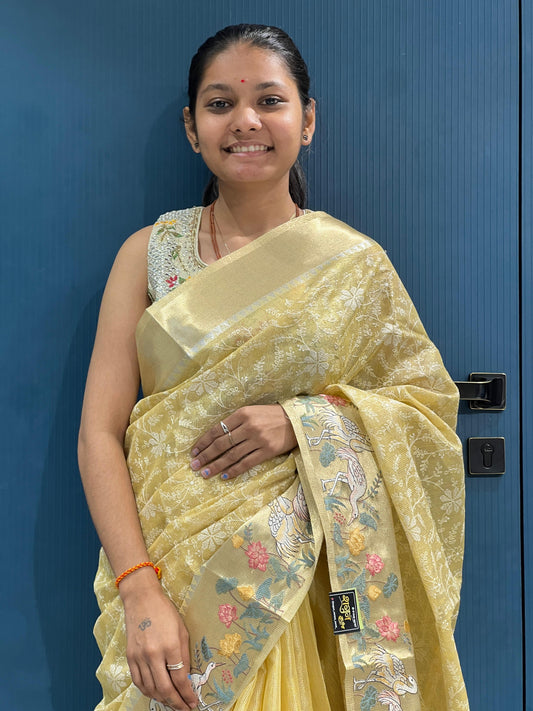 ✨ Net Tissue Silk Saree with Thread Embroidery 🧵 | Bird Art Design 🕊️ | Elegant & Light Festive Wear 🌸