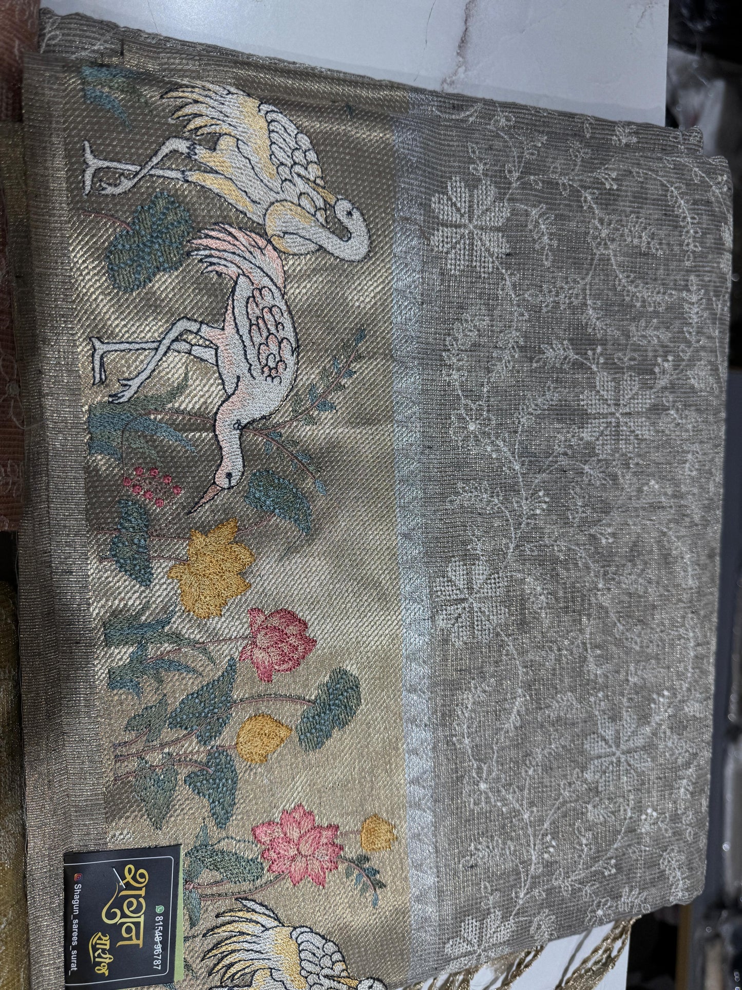 ✨ Net Tissue Silk Saree with Thread Embroidery 🧵 | Bird Art Design 🕊️ | Elegant & Light Festive Wear 🌸