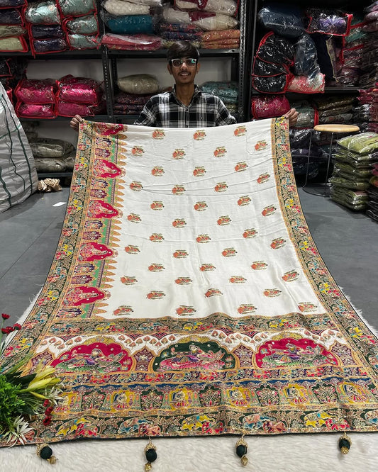 👑 Premium Pure Pashmina Silk Saree with Heavy Zardosi & Mirror Work | Royal Elephant & Cultural Design 🐘✨