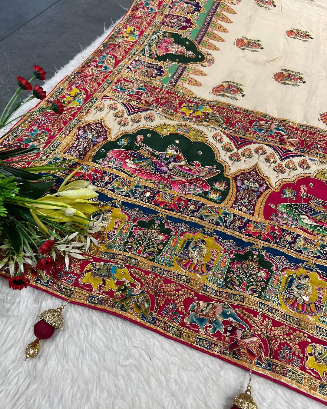 π Premium Pure Pashmina Silk Saree with Heavy Zardosi & Mirror Work | Royal Elephant & Cultural Design πβ¨