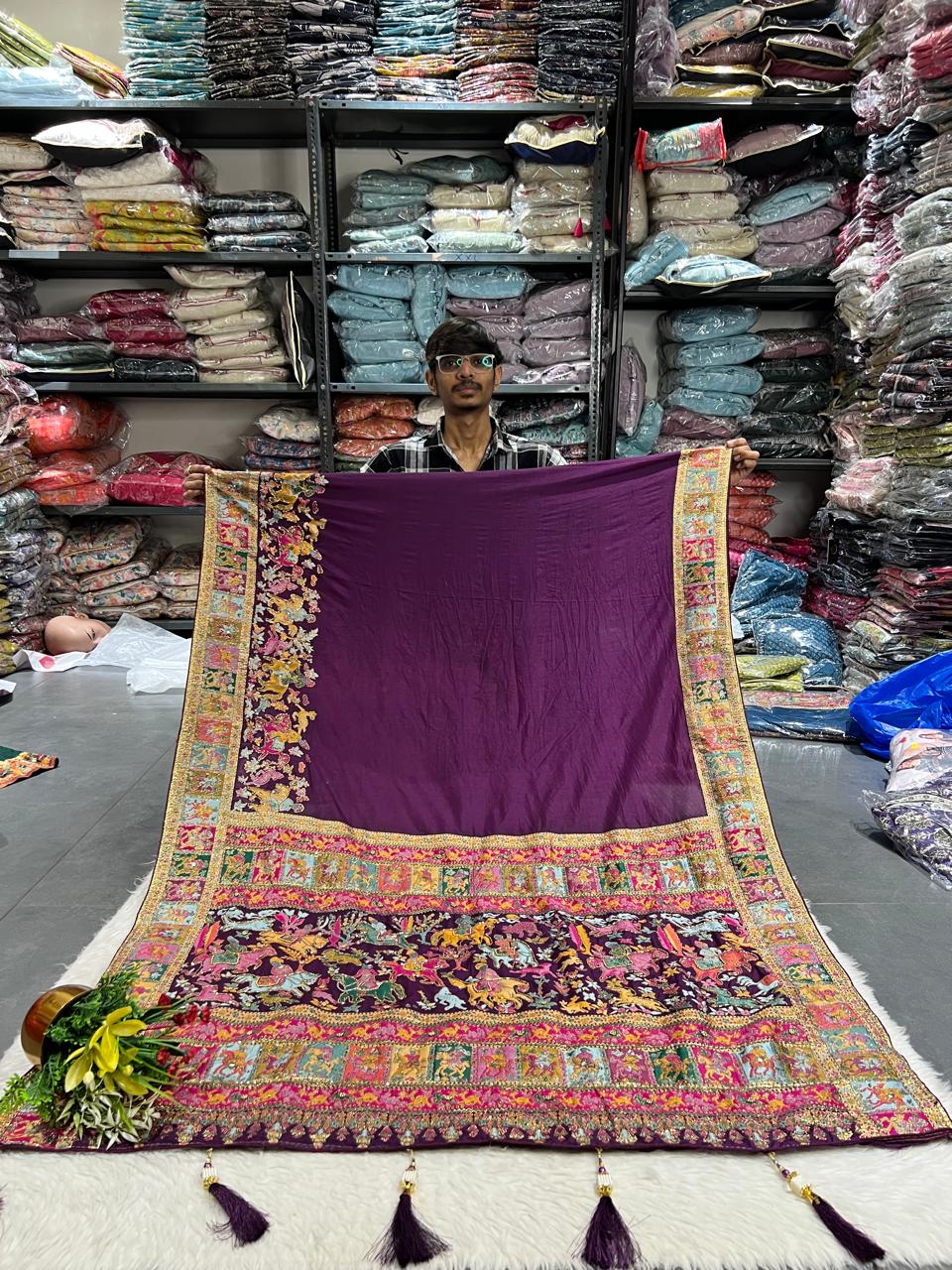 ๐ Royal Pashmina Kalamkari Gala Border Saree ๐บ | Full Heavy Work Pallu & Designer Border | Gujarati Ethnic Look ๐