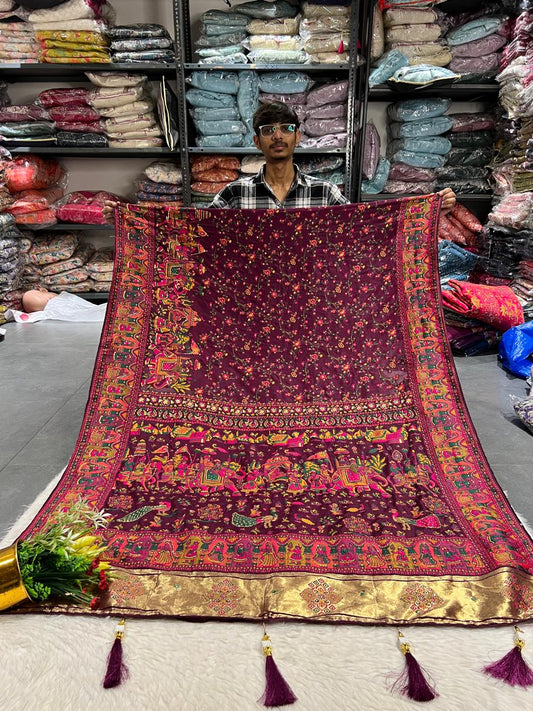 🦚 Royal Pashmina Kalamkari Saree 🌺 | Heavy Vadivela Work with Elephants & Birds 🐘🕊 | Full Pallu & Border Design 💫 | Trending Gujarati Look