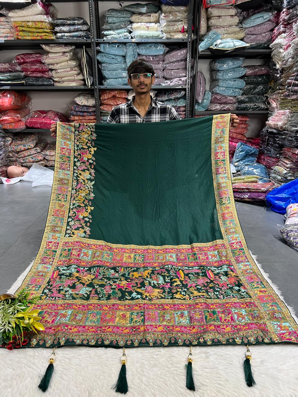 ๐ Royal Pashmina Kalamkari Gala Border Saree ๐บ | Full Heavy Work Pallu & Designer Border | Gujarati Ethnic Look ๐