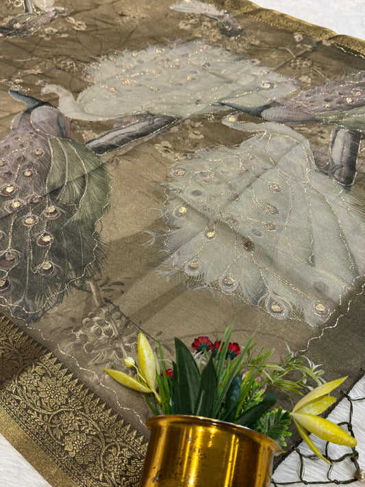 ✨Silky Tissue Saree with Jari Work 🪡 | Peacock Design 🦚 | Party Wear with Jalar Pallu 💃 | Gujarati Style 🌸