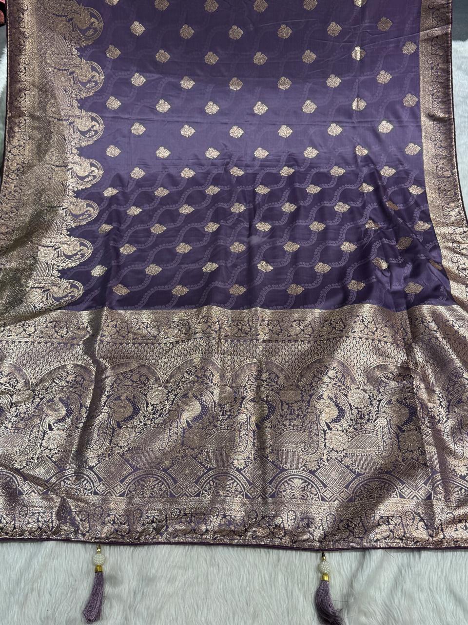 Elegant Pure Satin Silk Saree with Peacock Pallu Design π¦ | Traditional Gujarati Style | Festive & Wedding Wear