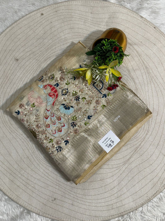 ✨ Elegant Beige Tissue Silk Saree with Peacock Embroidery & Designer Blouse | Party Wear Saree by Shagun Fashion