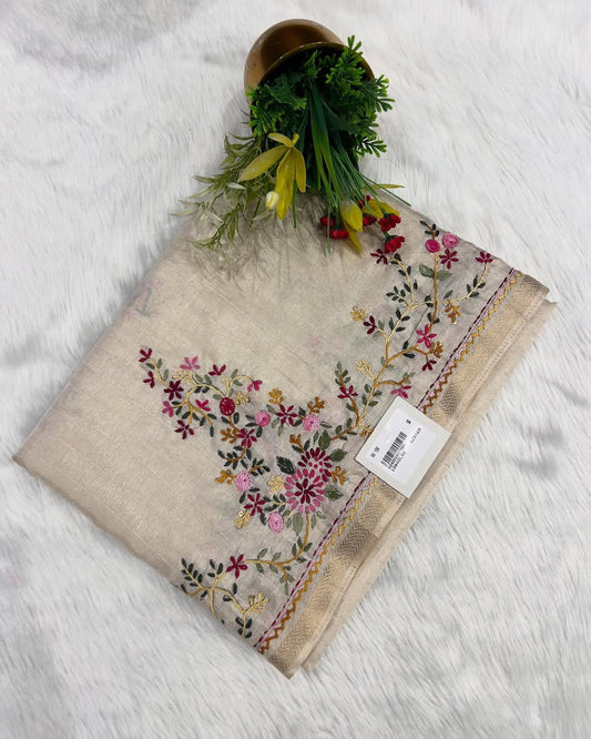 Elegant Cotton Embroidered Saree for Women 🌸 | Soft Beige Floral Thread Work | Daily & Festive Wear by Shagun Sarees