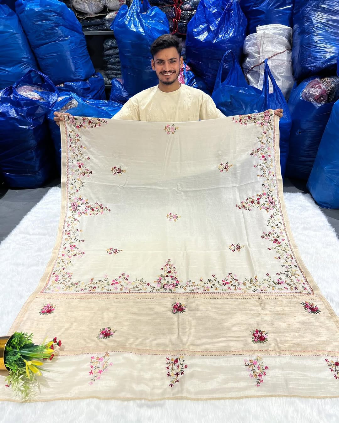 Elegant Cotton Embroidered Saree for Women ๐ธ | Soft Beige Floral Thread Work | Daily & Festive Wear by Shagun Sarees