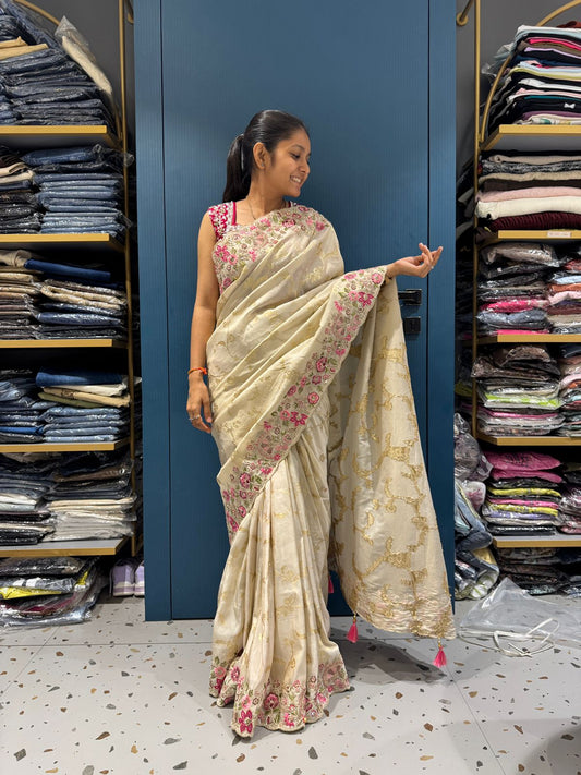 ✨ Elegant Organza Party Wear Saree with Embroidered Floral Border & Blouse | Wedding & Festive Saree by Shagun Sarees 🌸💫