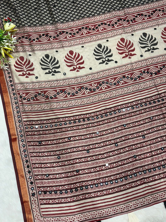 ✨ Elegant Mal Cotton Ajrakh Print Saree with Mirror Work & Zari Border | Festive & Daily Wear | Shagun Sarees Exclusive