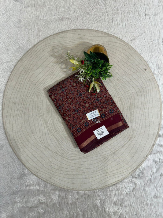 Elegant Ajrakh Print Soft Cotton Saree with Traditional Motifs & Rich Pallu – Shagun Sarees Exclusive 🌿