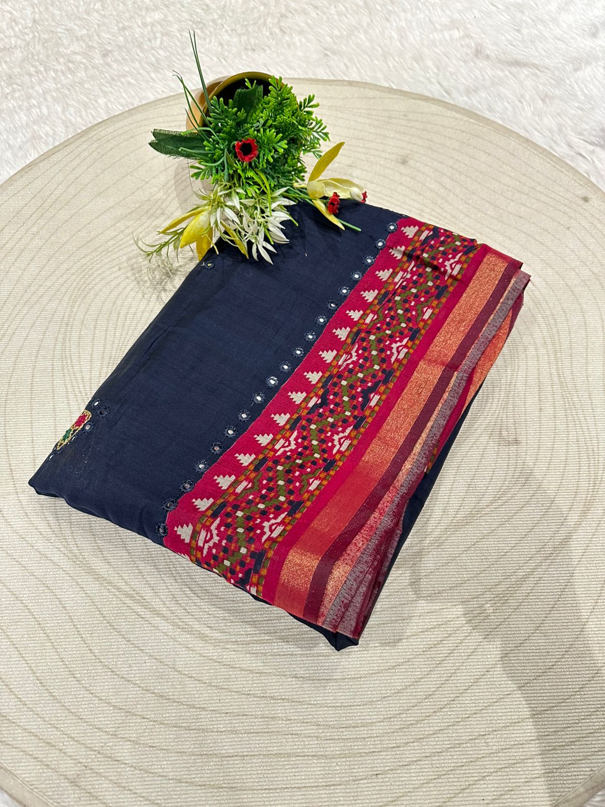 Elegant Mal Cotton Saree with Mirror Work & Ikat Border ✨ | Shagun Fashion Exclusive