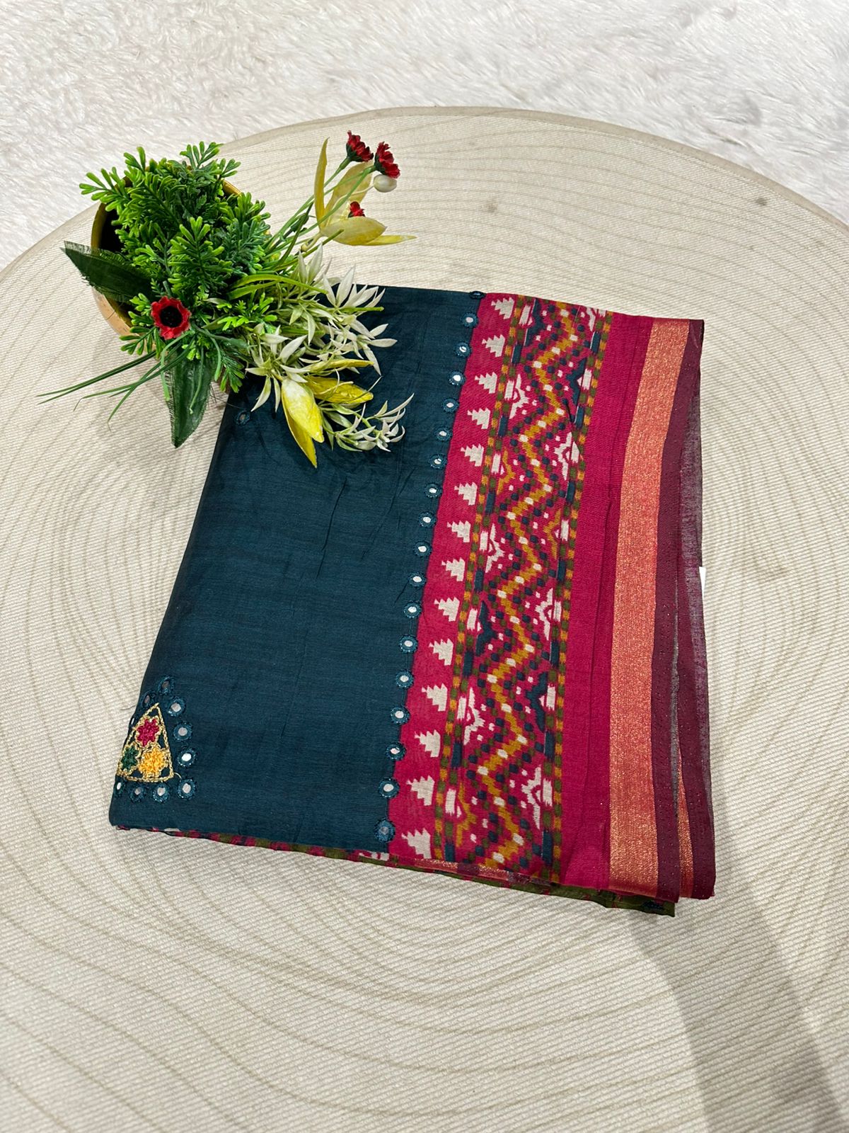 Elegant Mal Cotton Saree with Mirror Work & Ikat Border ✨ | Shagun Fashion Exclusive