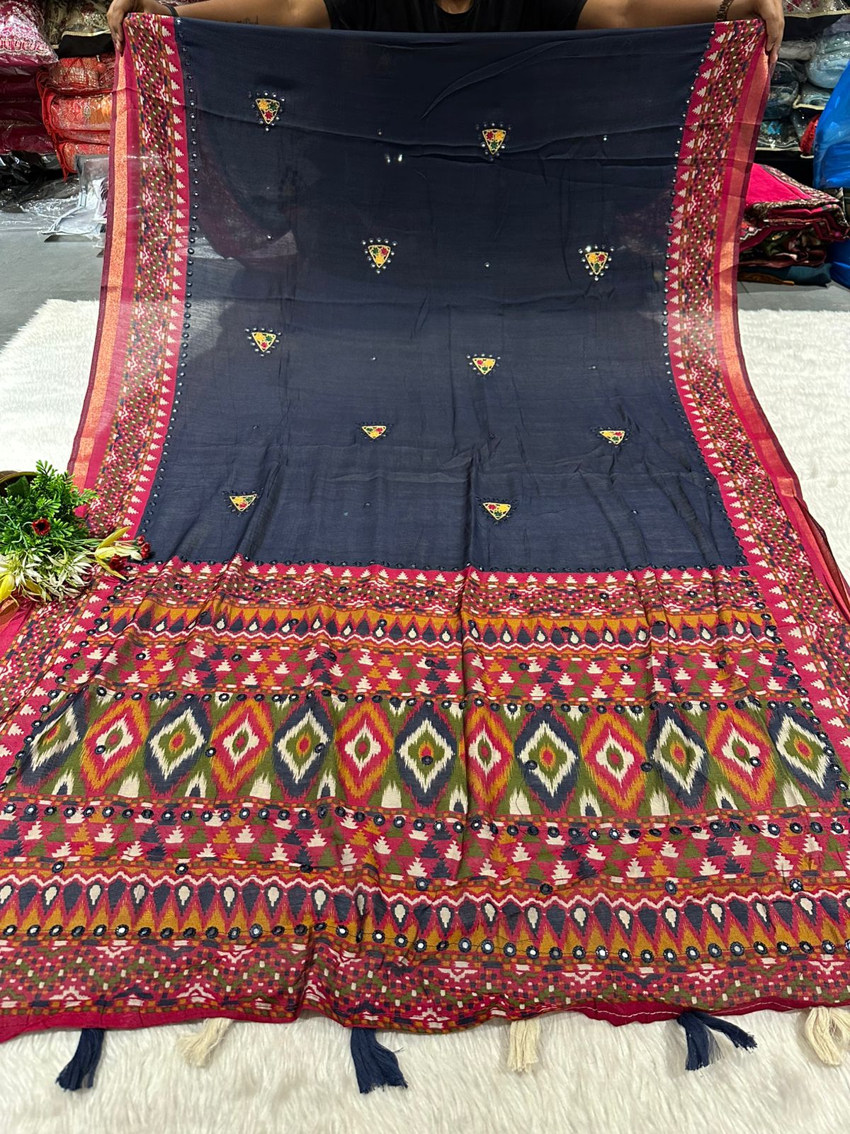 Elegant Mal Cotton Saree with Mirror Work & Ikat Border ✨ | Shagun Fashion Exclusive