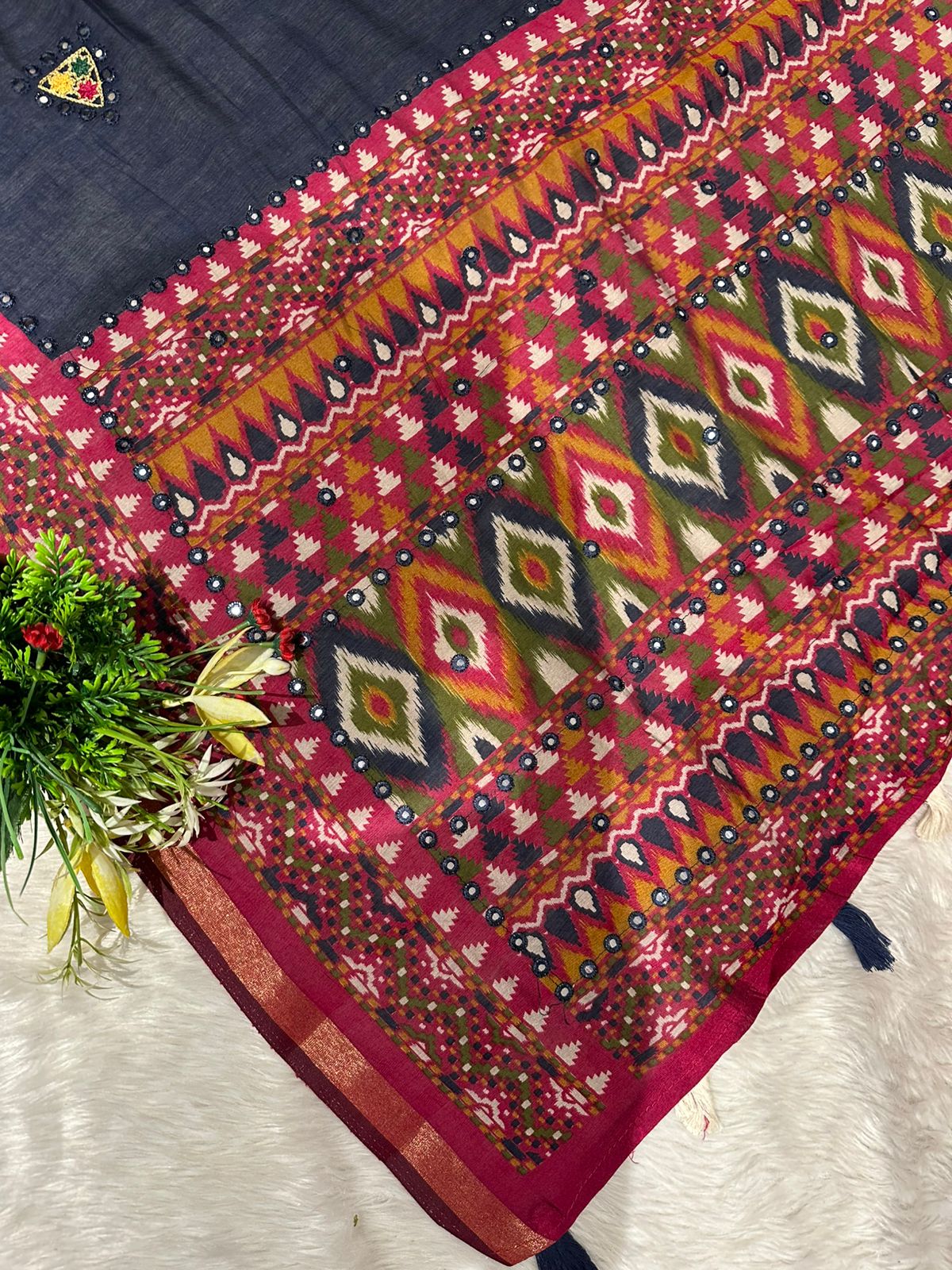 Elegant Mal Cotton Saree with Mirror Work & Ikat Border ✨ | Shagun Fashion Exclusive