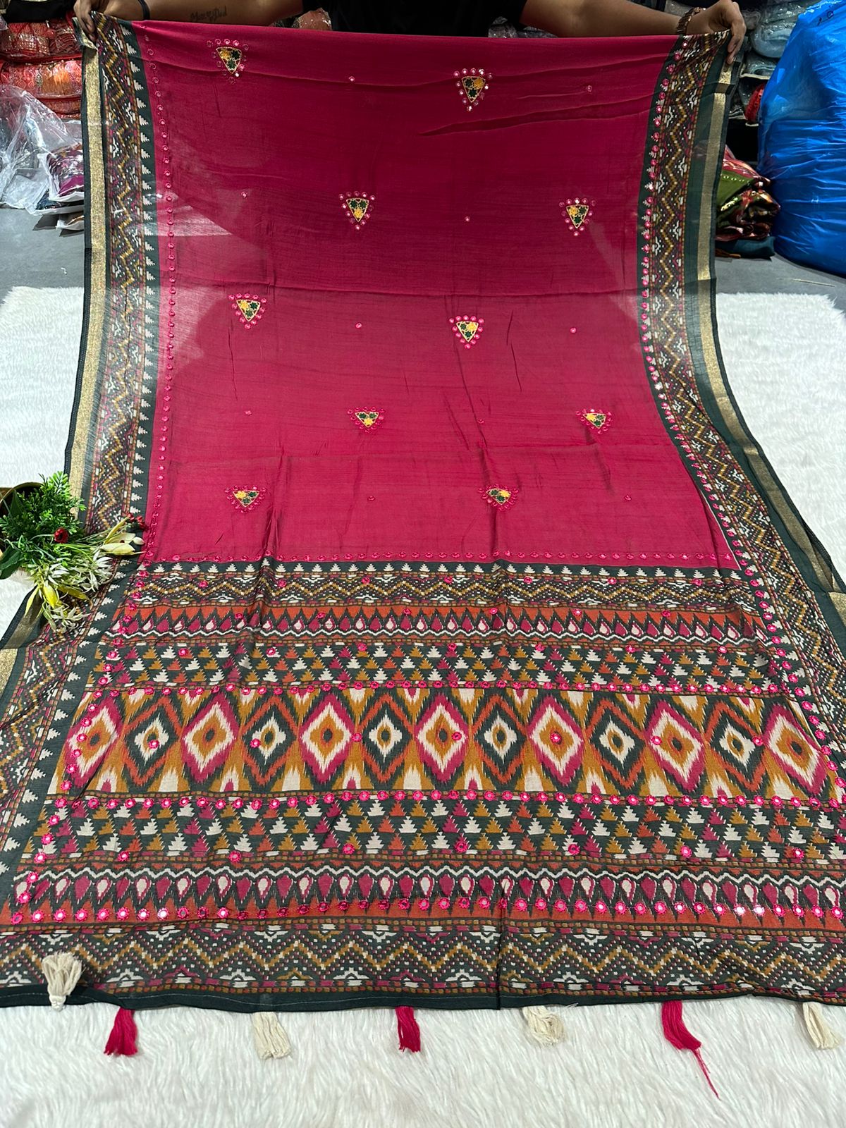 Elegant Mal Cotton Saree with Mirror Work & Ikat Border ✨ | Shagun Fashion Exclusive