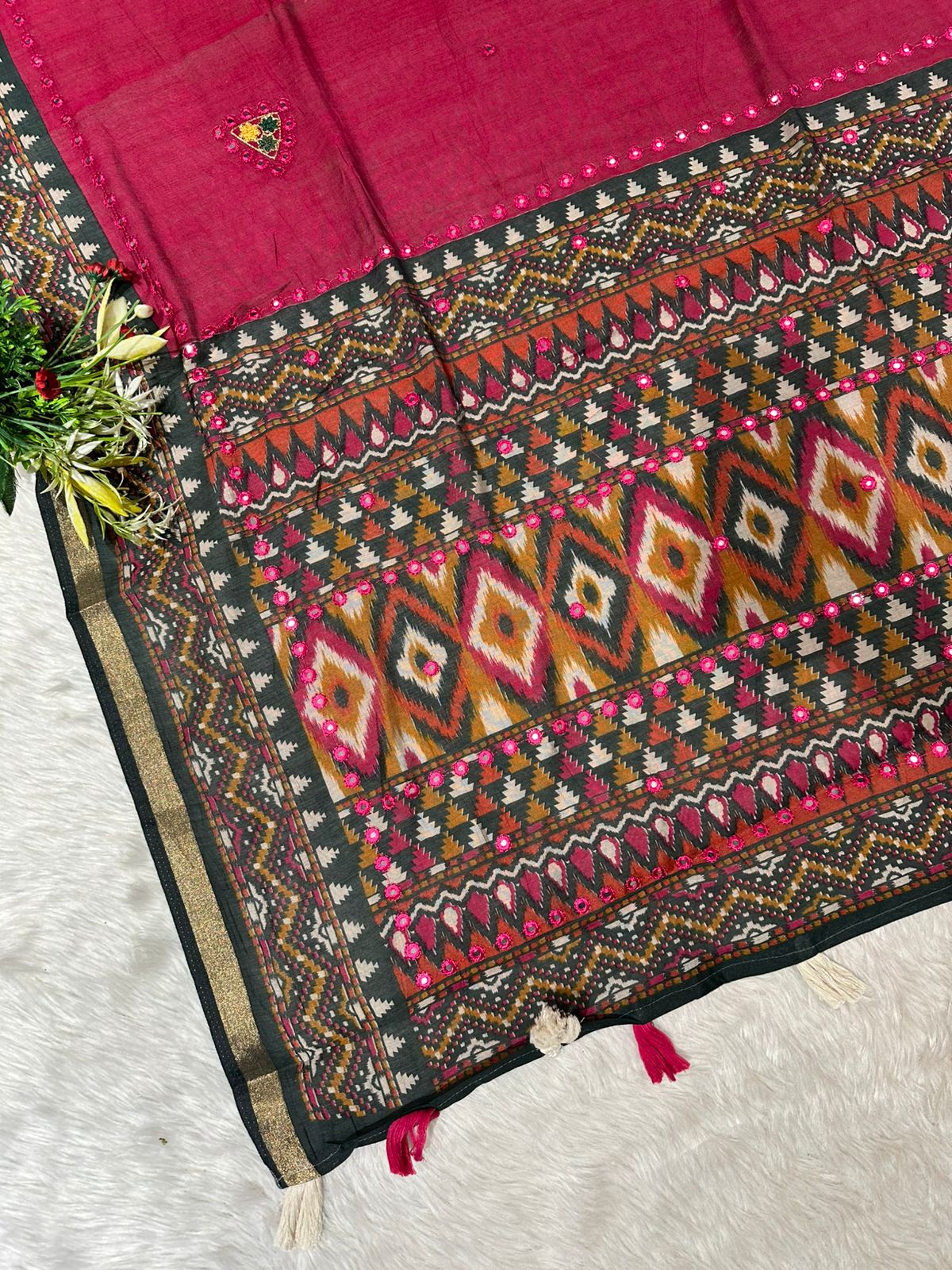 Elegant Mal Cotton Saree with Mirror Work & Ikat Border ✨ | Shagun Fashion Exclusive