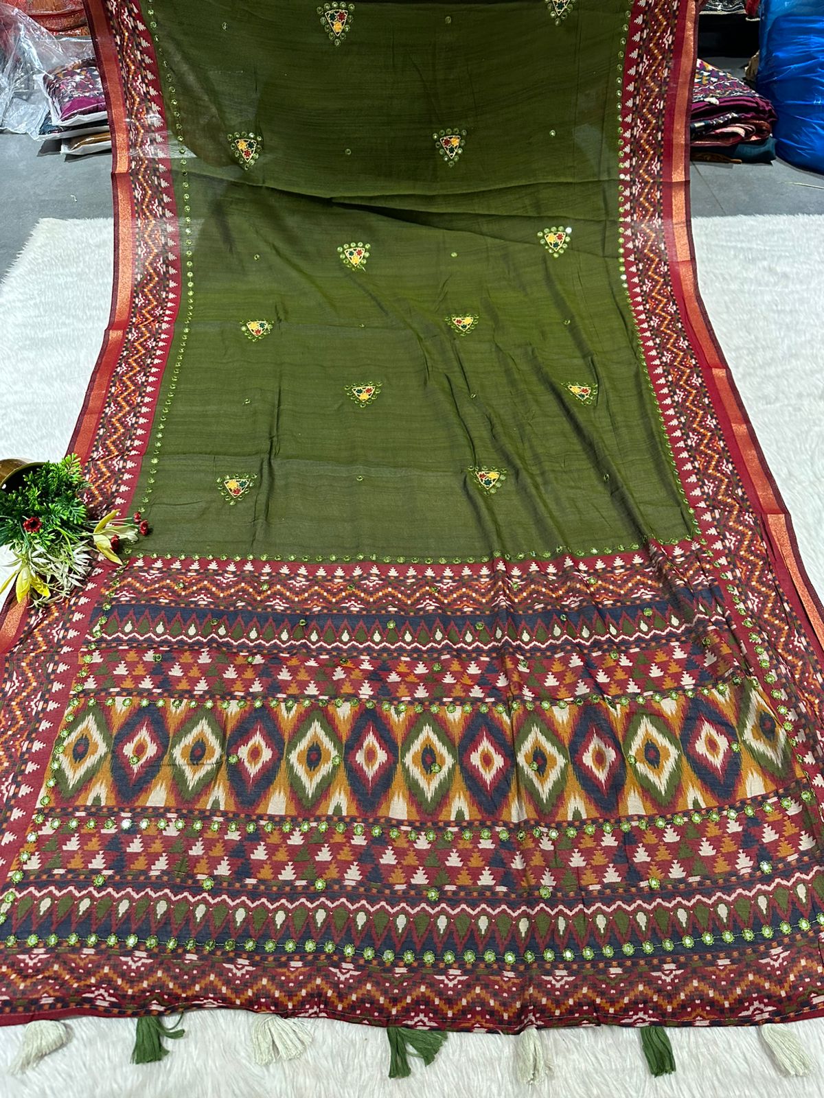 Elegant Mal Cotton Saree with Mirror Work & Ikat Border ✨ | Shagun Fashion Exclusive