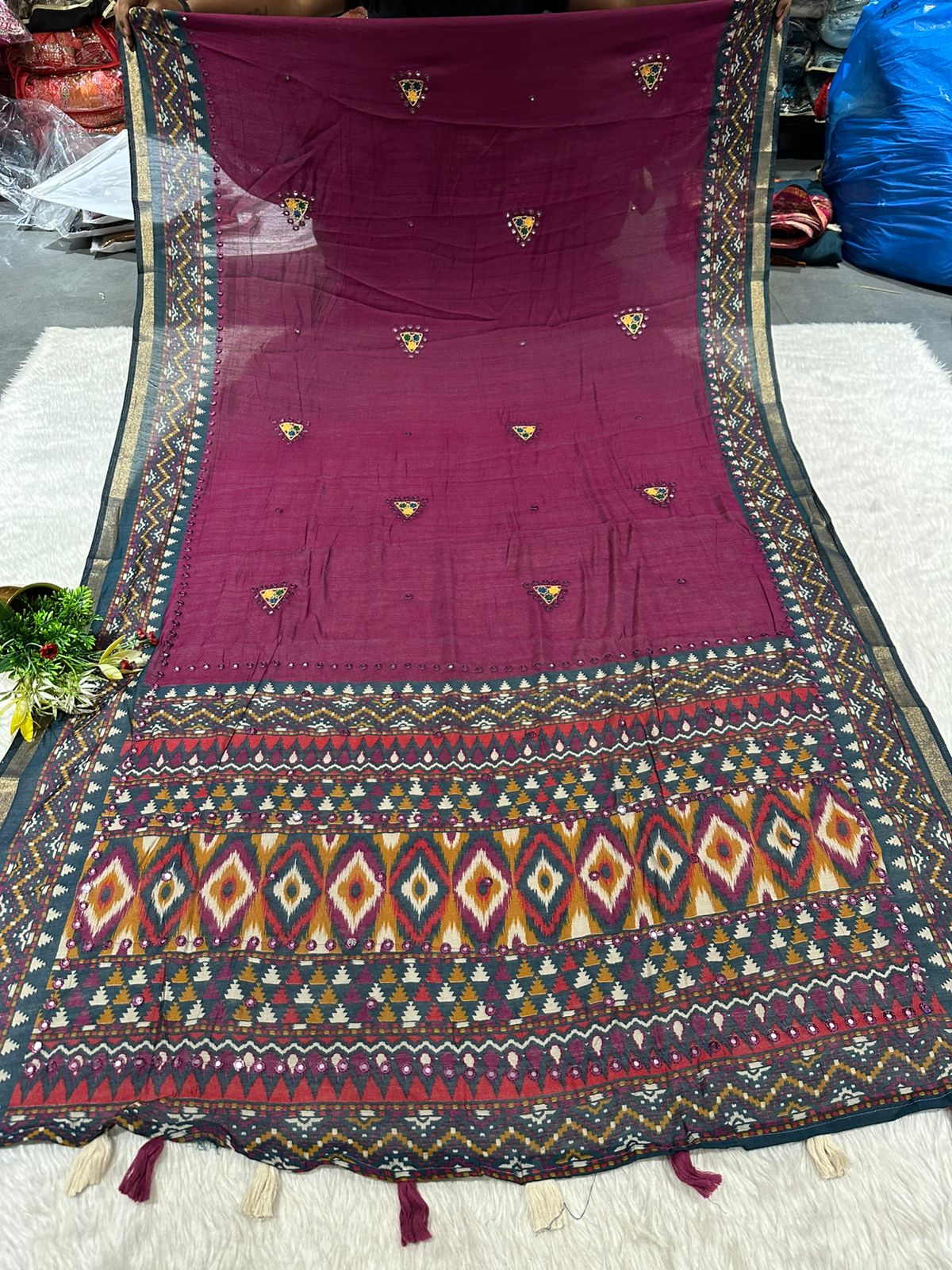 Elegant Mal Cotton Saree with Mirror Work & Ikat Border ✨ | Shagun Fashion Exclusive