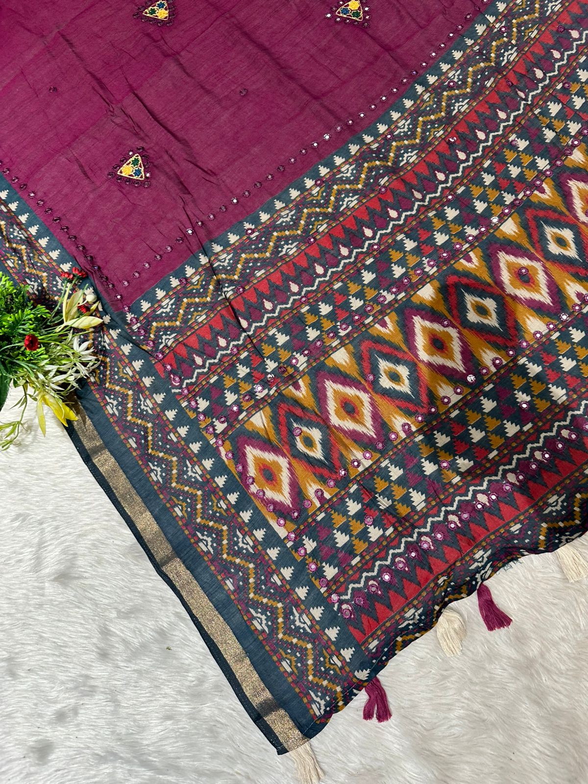 Elegant Mal Cotton Saree with Mirror Work & Ikat Border ✨ | Shagun Fashion Exclusive