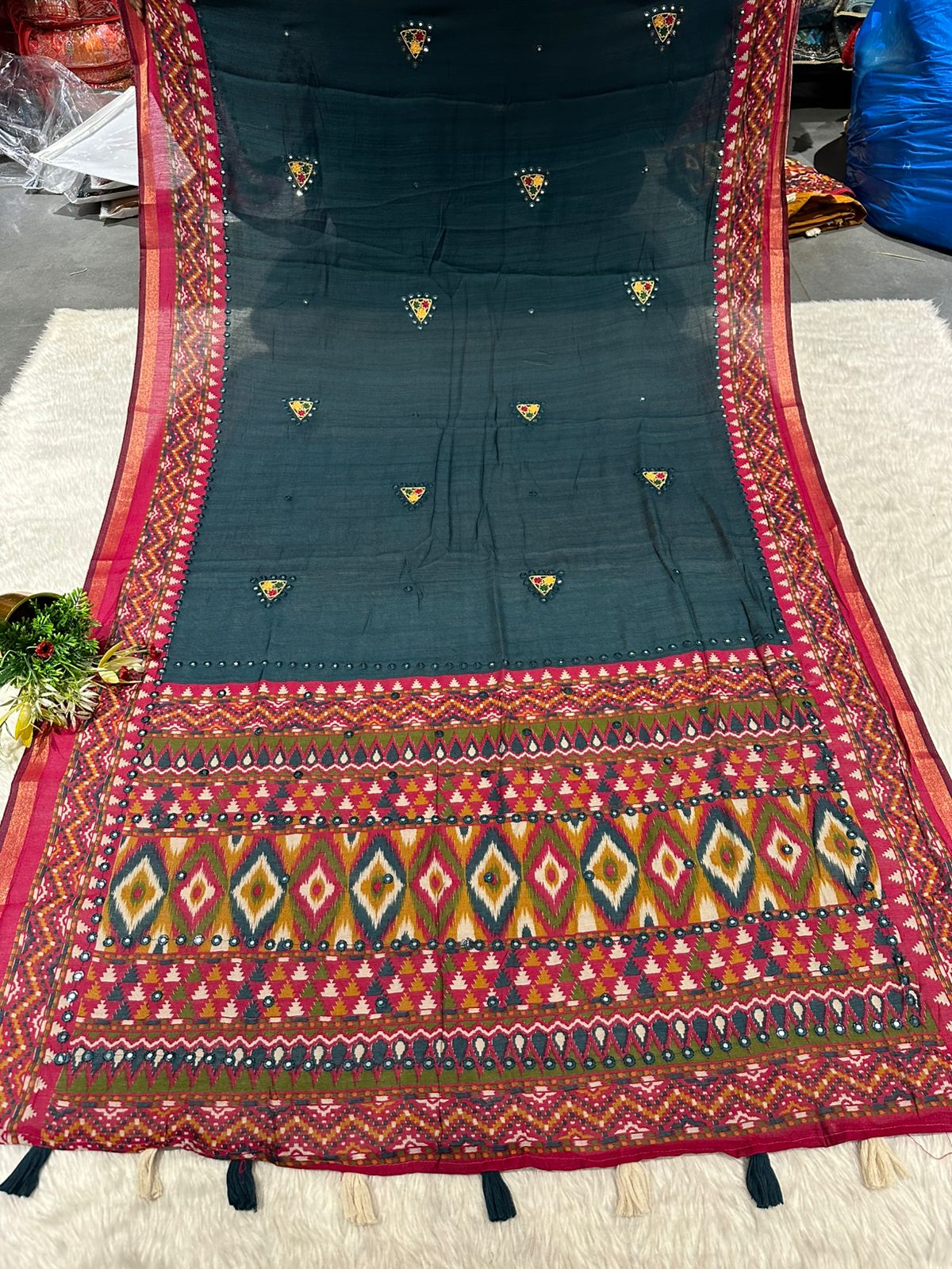 Elegant Mal Cotton Saree with Mirror Work & Ikat Border ✨ | Shagun Fashion Exclusive