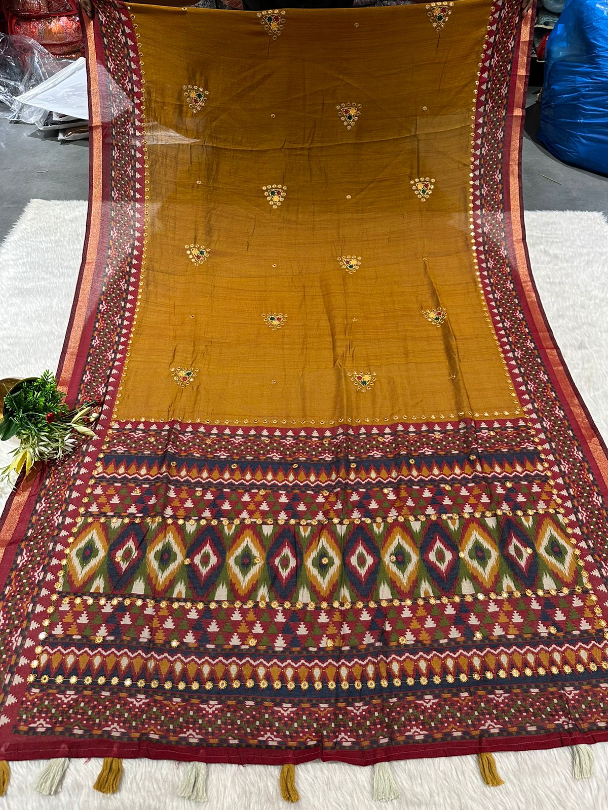 Elegant Mal Cotton Saree with Mirror Work & Ikat Border ✨ | Shagun Fashion Exclusive