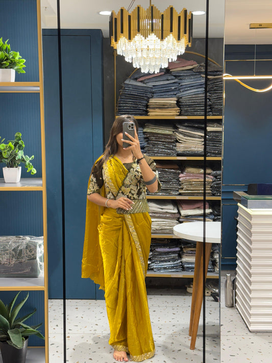 Mustard Velvet Ready-to-Wear Saree with Heavy Embroidered Blouse | Partywear Saree for Women 👑 | Shagun Sarees by Zankhi Boutique
