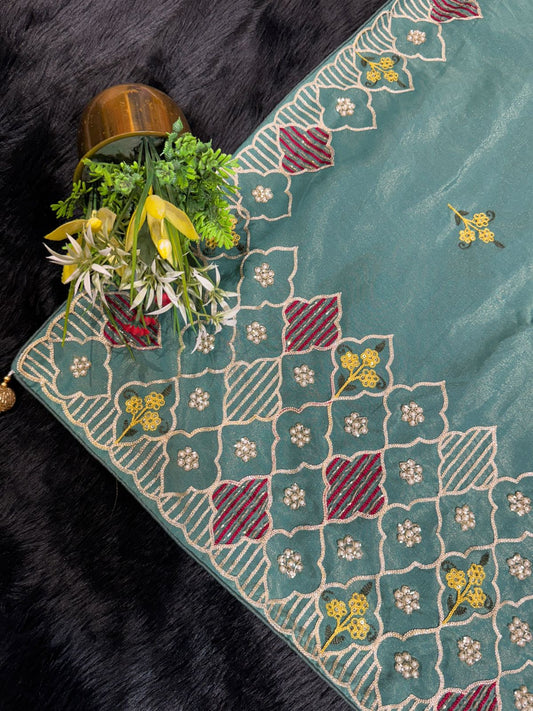 Elegant Party Wear Saree with Heavy Embroidery Pallu & Moti Work ✨ | Shagun Sarees Exclusive