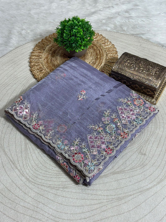 Elegant Organza Saree with Floral Zari Embroidery