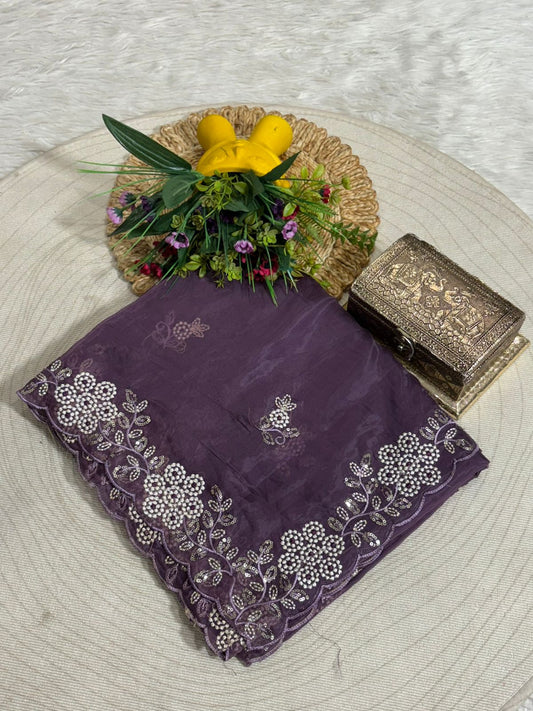 Organza Party Wear Saree | Embroidered Beaded Border | Shagun Sarees Exclusive