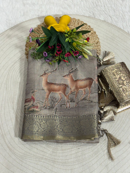 Tissue Silk Saree with Deer & Floral Embroidery