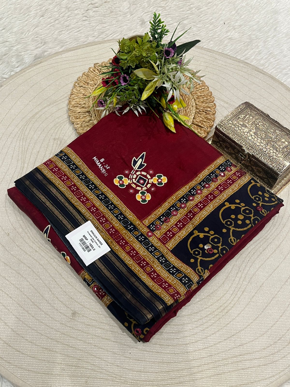Embroidered Saree with Floral Pallu & Tassels