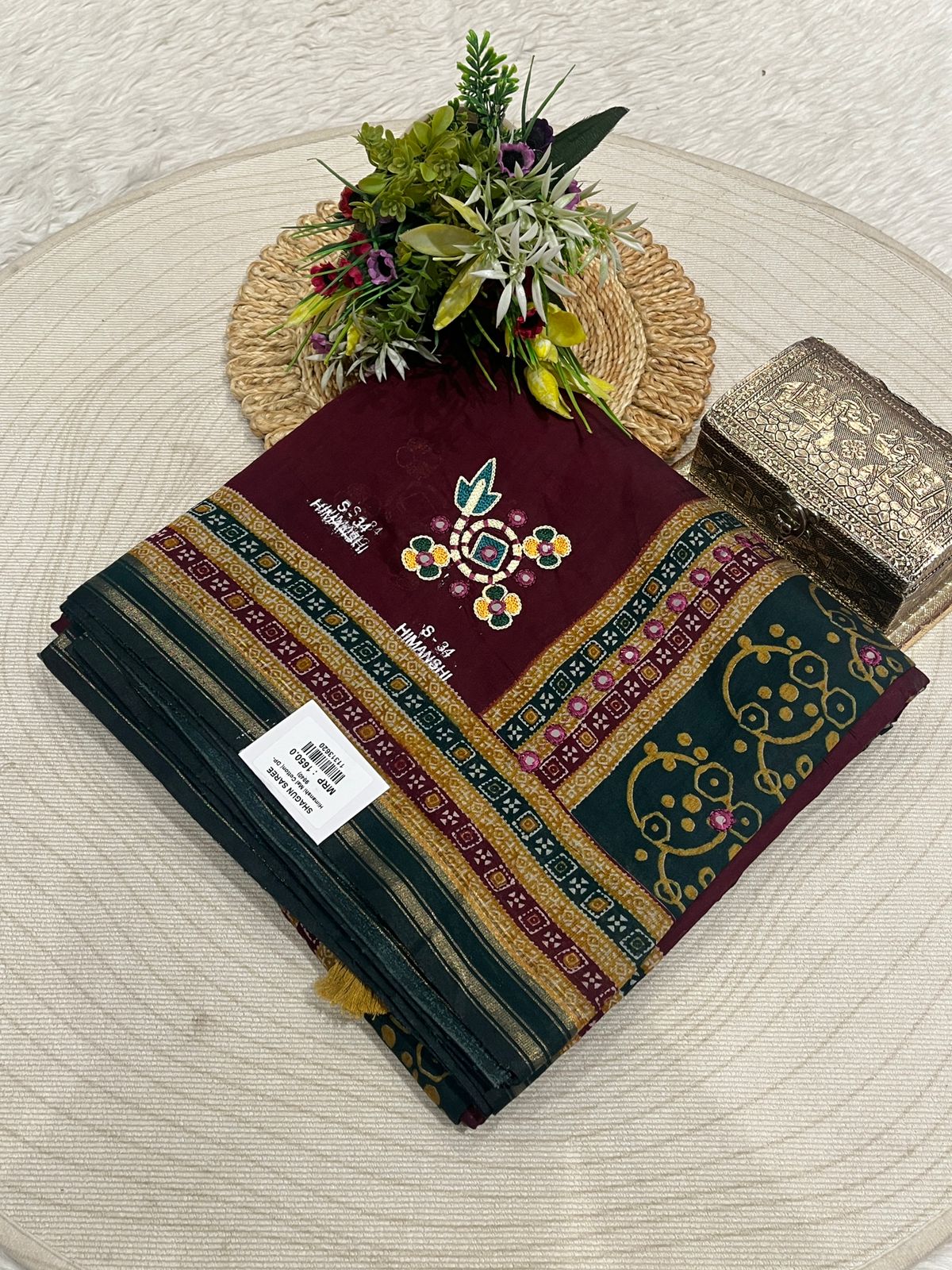Embroidered Saree with Floral Pallu & Tassels