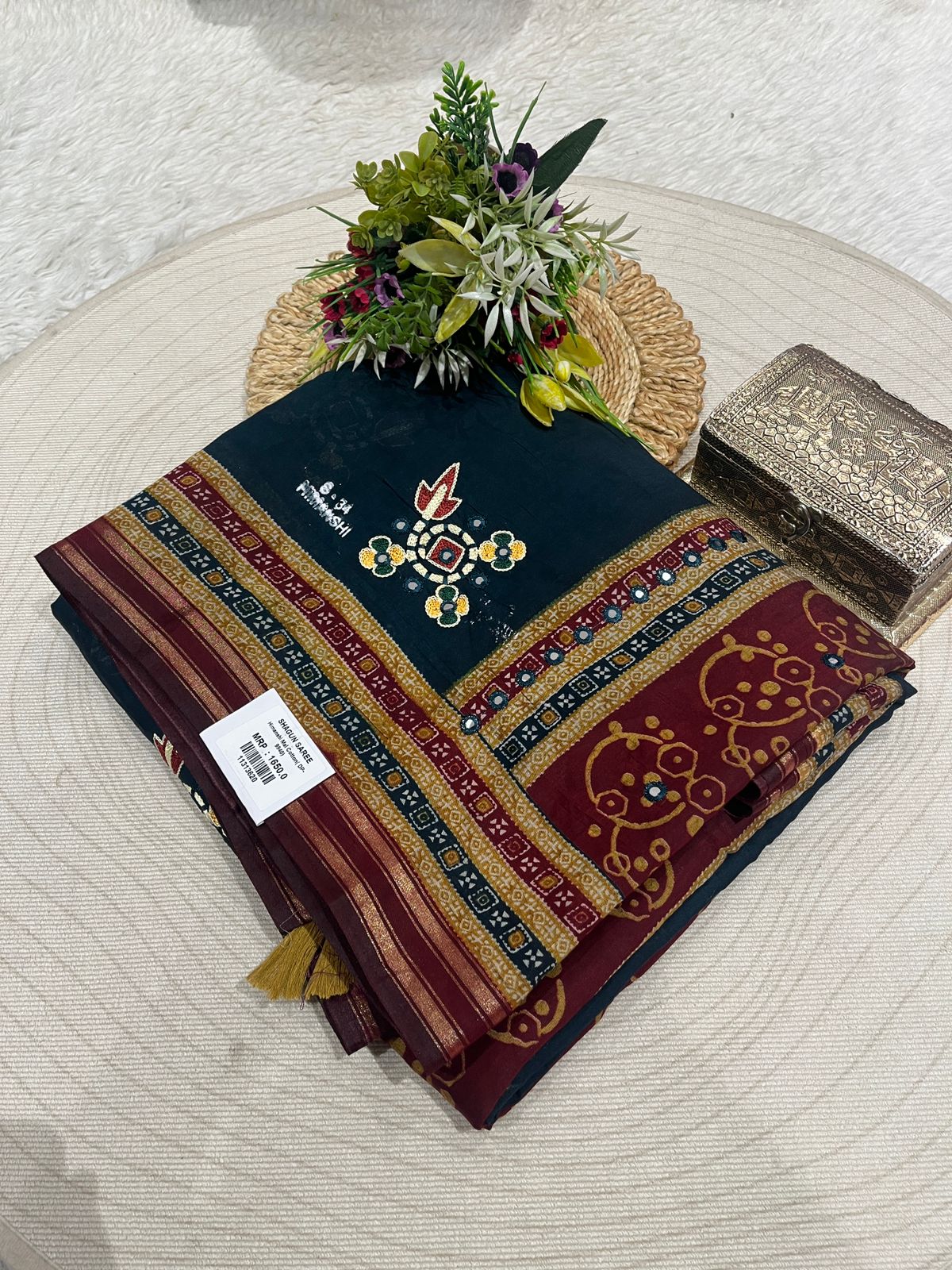 Embroidered Saree with Floral Pallu & Tassels