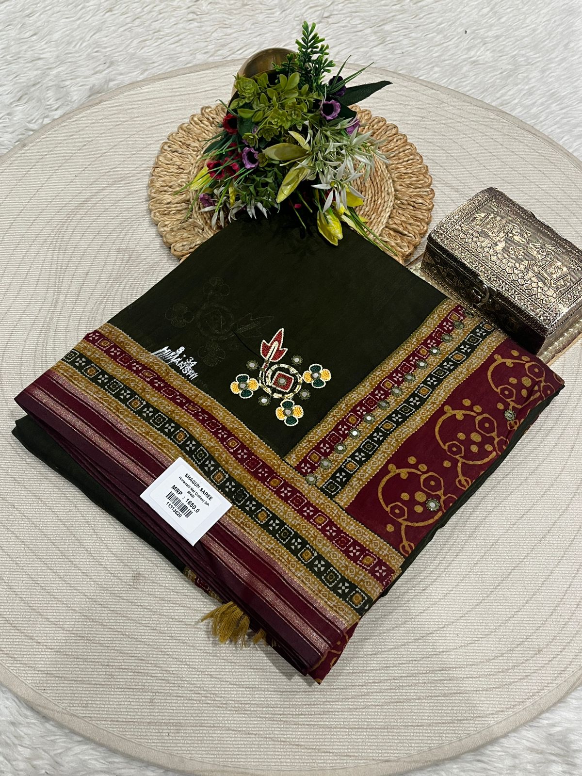 Embroidered Saree with Floral Pallu & Tassels