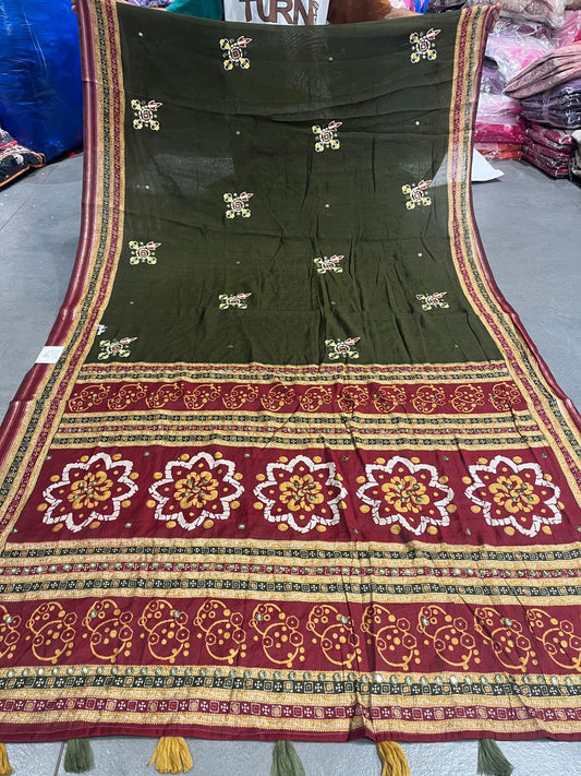 Embroidered Saree with Floral Pallu & Tassels