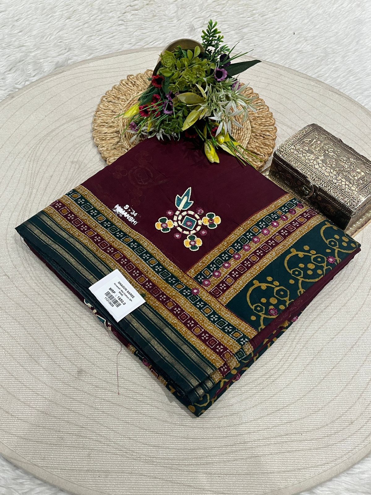 Embroidered Saree with Floral Pallu & Tassels