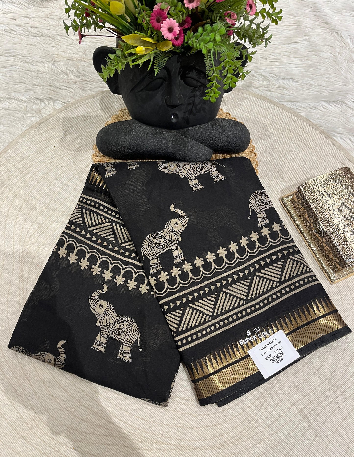 Black & Handloom Saree with Elephant & Floral Print