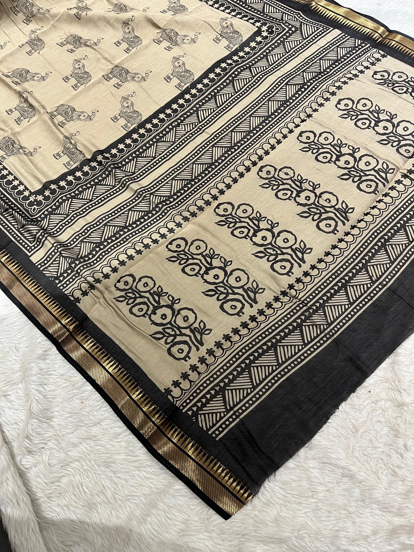 Black & Handloom Saree with Elephant & Floral Print
