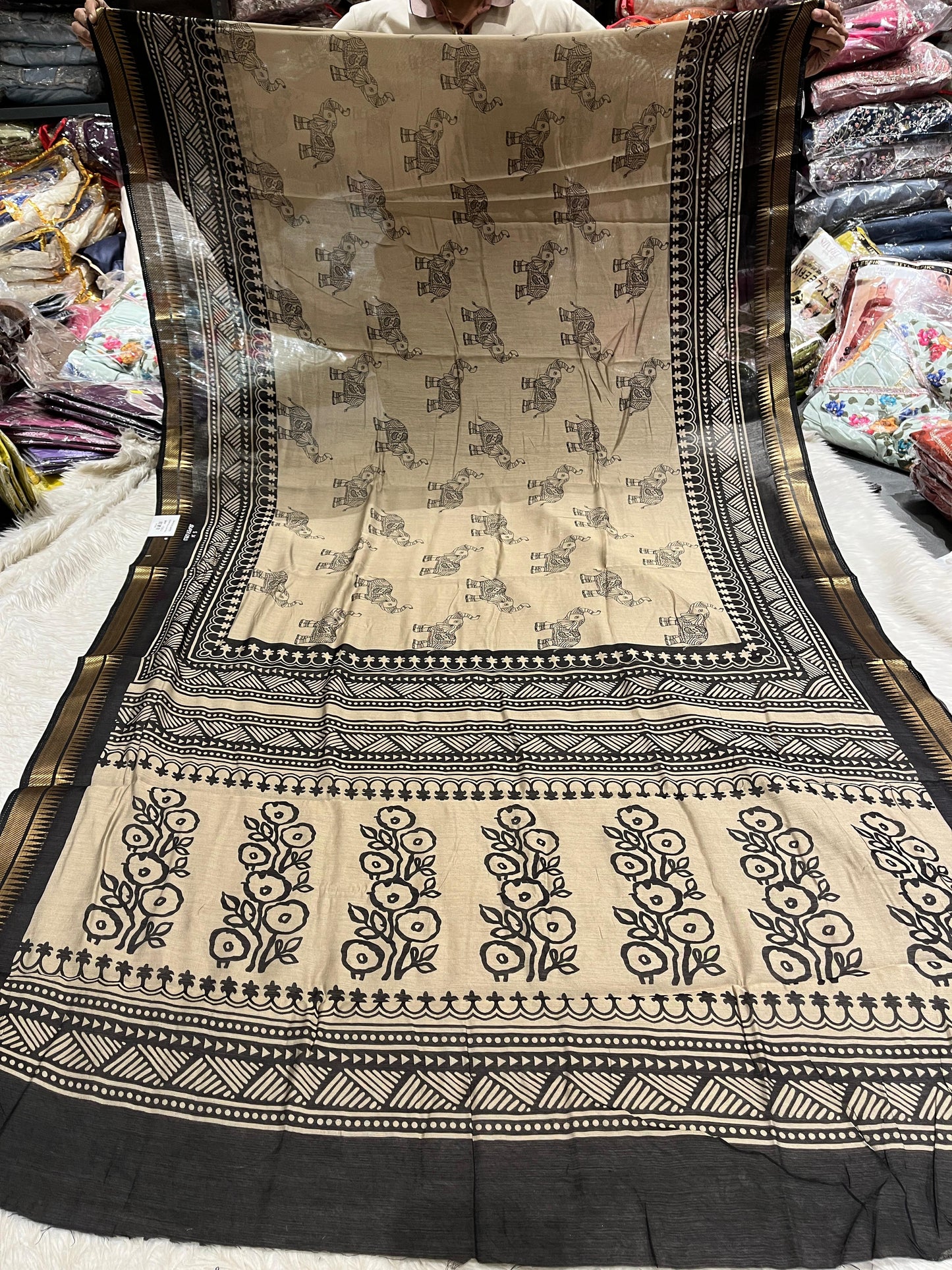 Black & Handloom Saree with Elephant & Floral Print