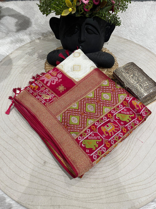 Patola Silk Saree with Golden Zari & Elephant Motifs