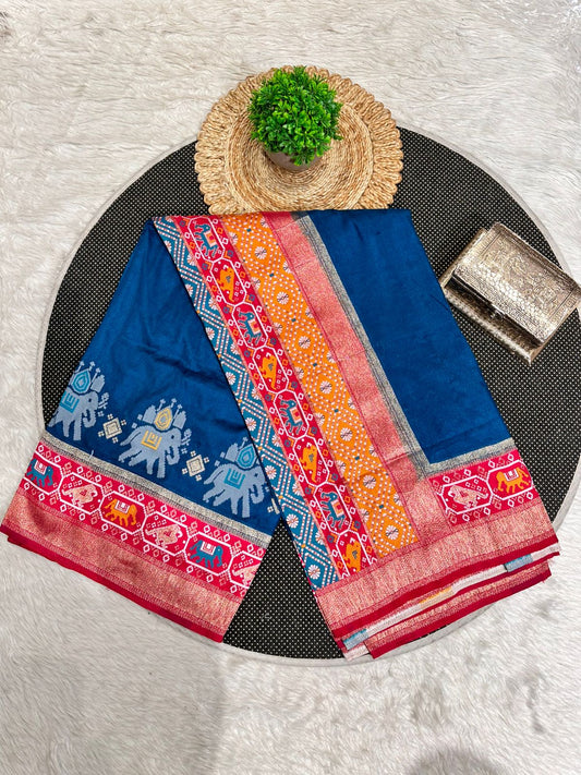 Silk Patola with Zari Border & Traditional Elephant-Parrot Motifs