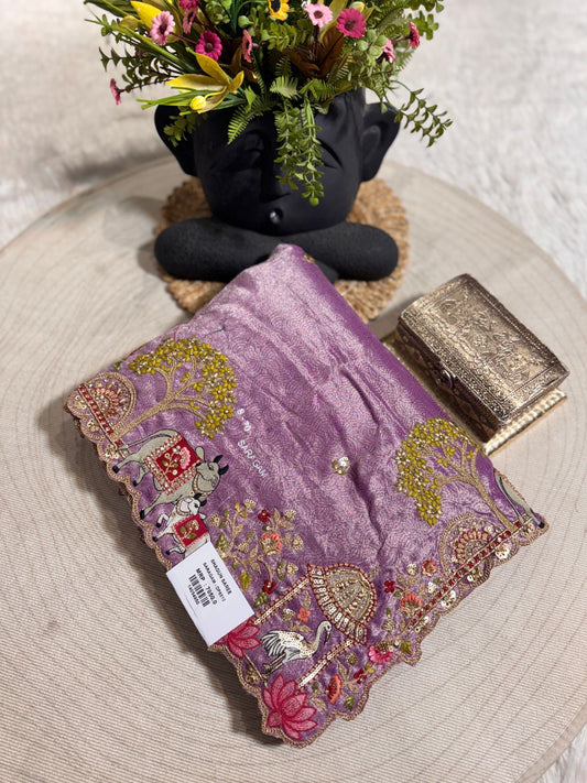 Traditional Beige Saree with Colorful Prints & Tassels