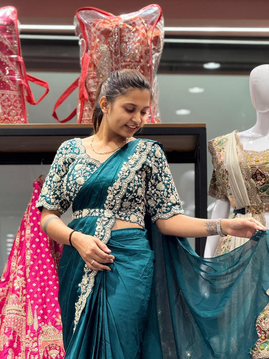 Teal Green Ready-to-Wear Silk Saree with Hand Embroidery