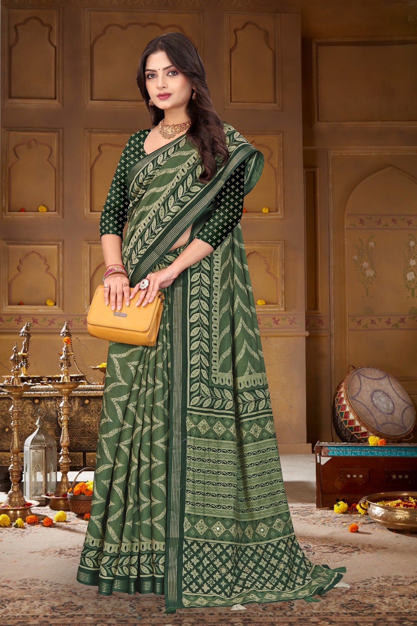 Mall Cotton Leriyu Print Saree with Leaf Border